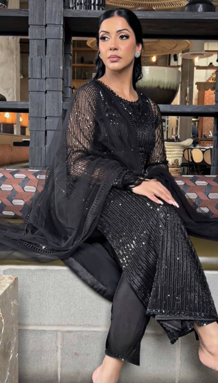 Attractive Black Colour Georgette Fabric Fully Stitched Suit