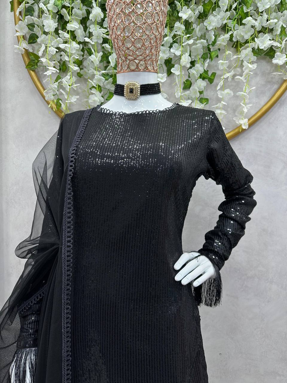 Attractive Black Colour Georgette Fabric Fully Stitched Suit