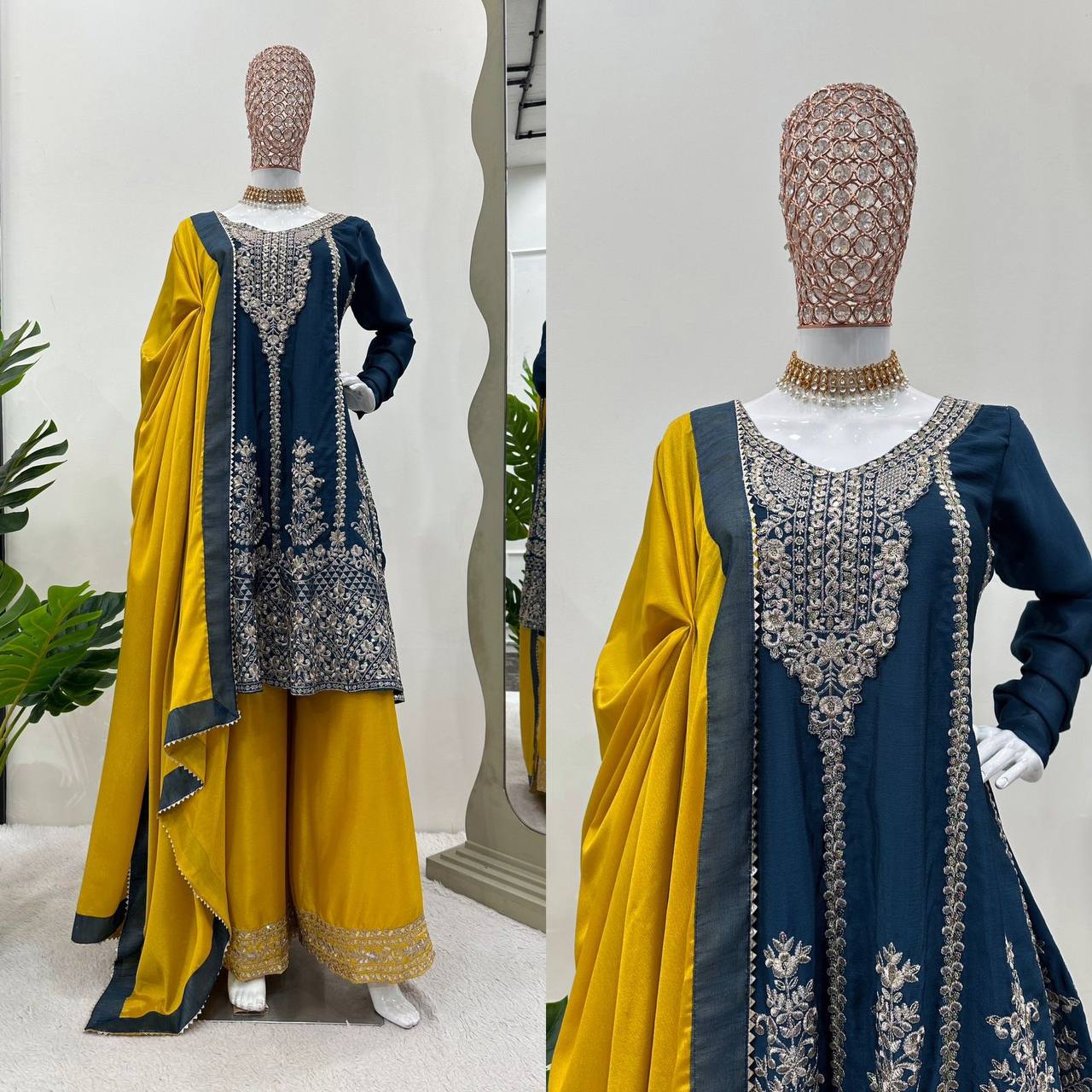 Beautiful Chinom Silk Fabric Thread Work Fully Stitched Sharara Suit