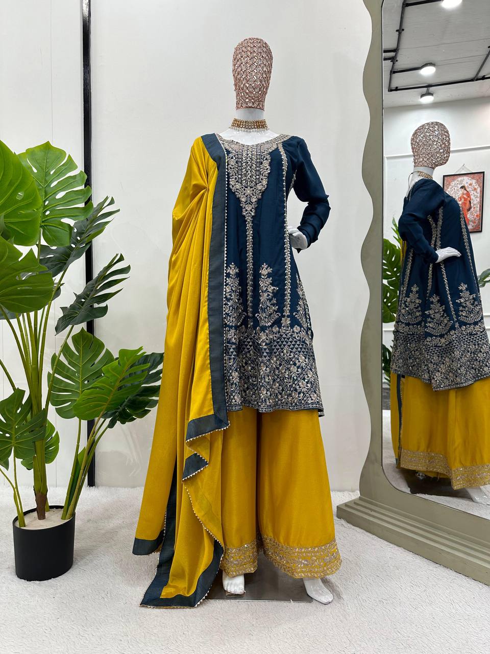 Beautiful Chinom Silk Fabric Thread Work Fully Stitched Sharara Suit