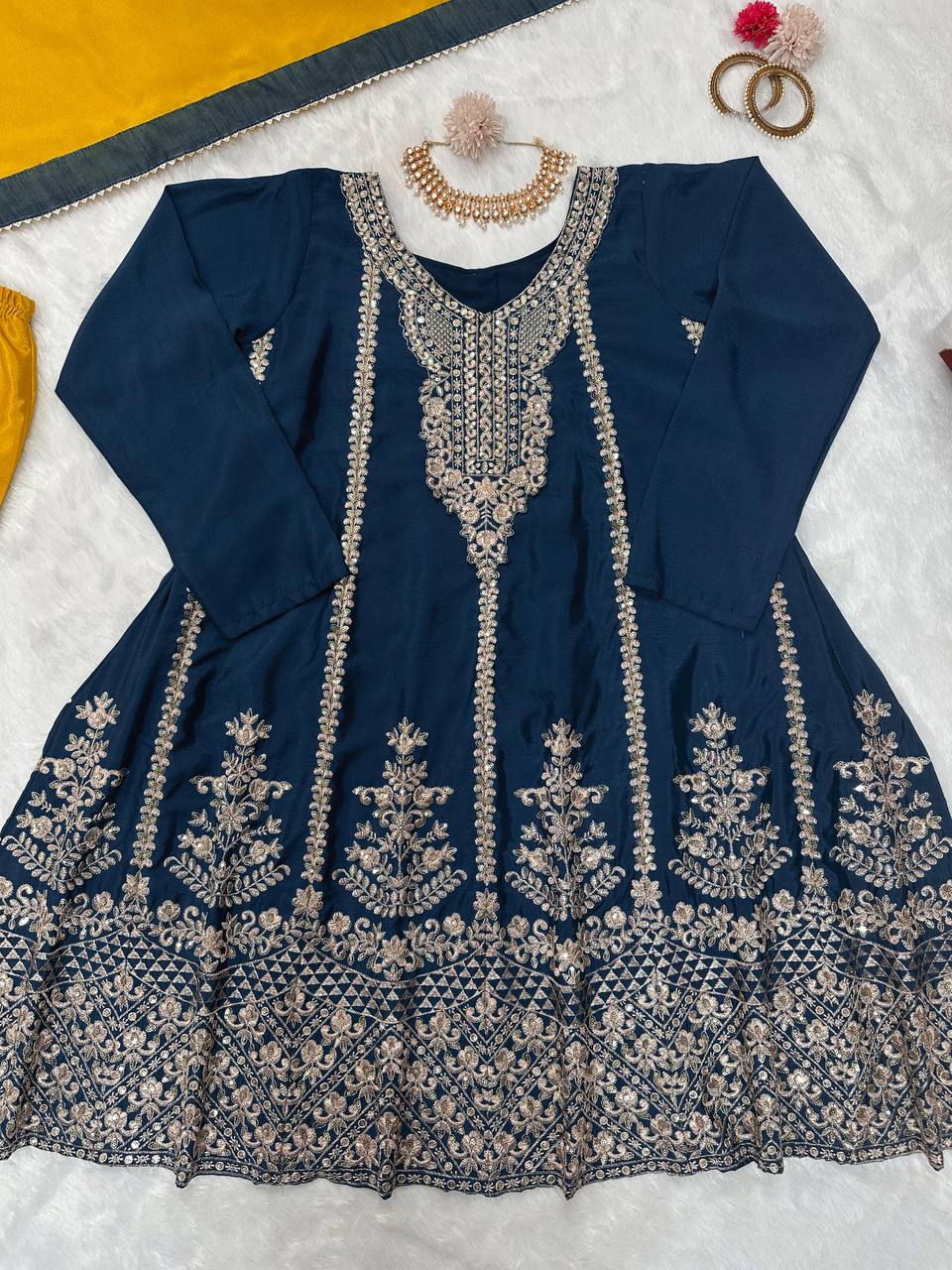 Beautiful Chinom Silk Fabric Thread Work Fully Stitched Sharara Suit