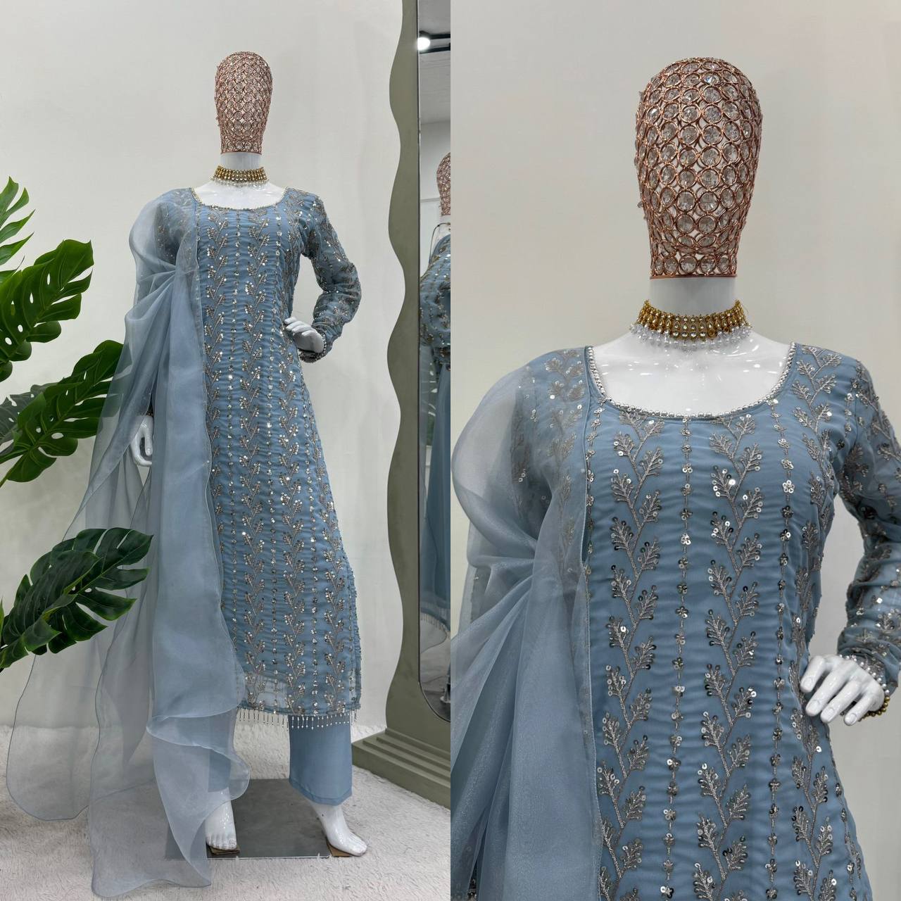 Amazing Gray Colour Georgette Fabric Sequence Work With Fancy Lace Suit