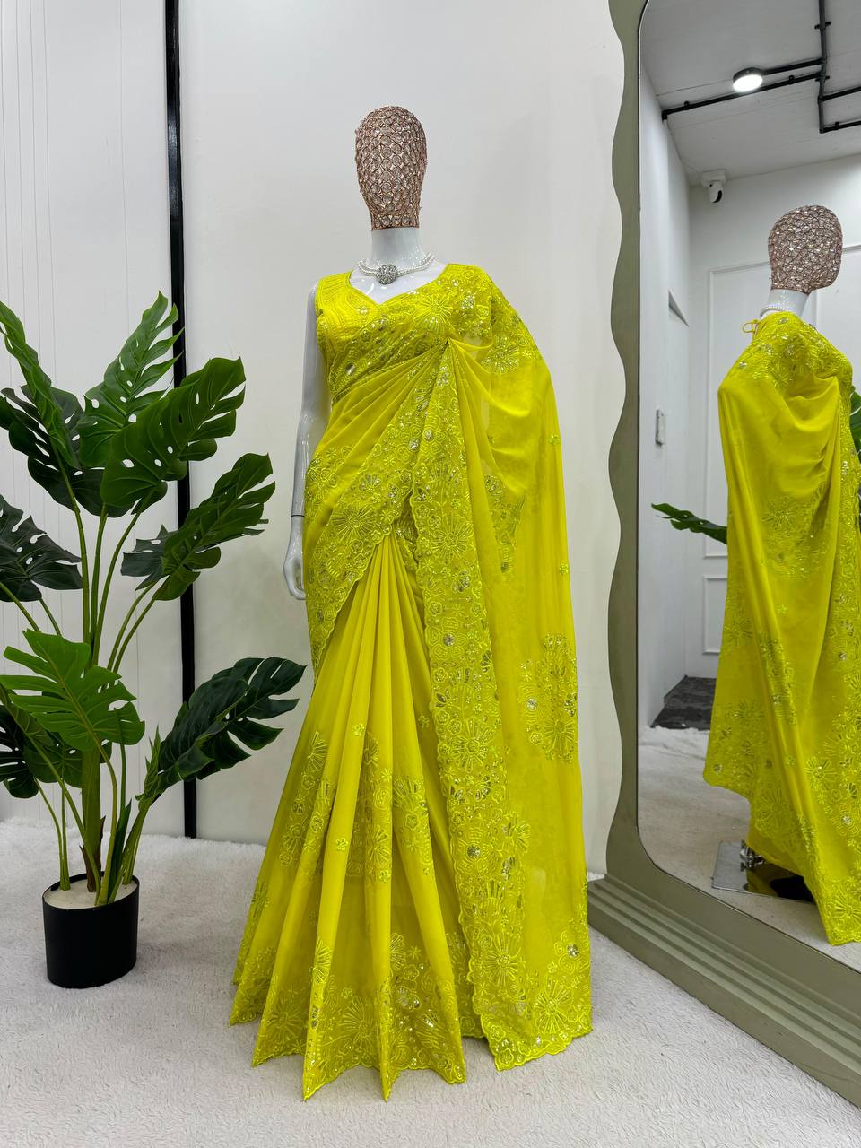 Designer Haldi Function Wear Yellow Colour Tabby Silk Saree