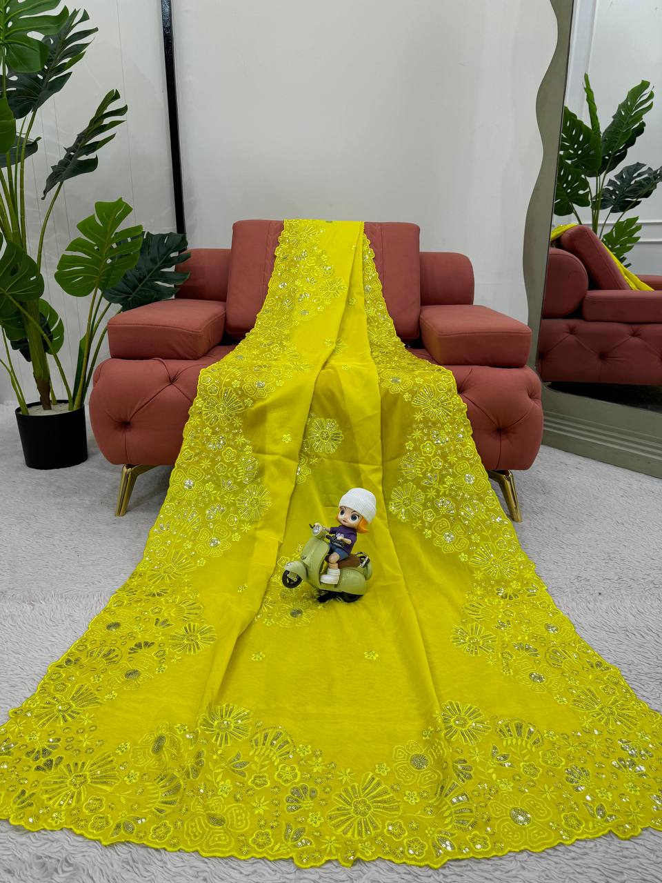 Designer Haldi Function Wear Yellow Colour Tabby Silk Saree