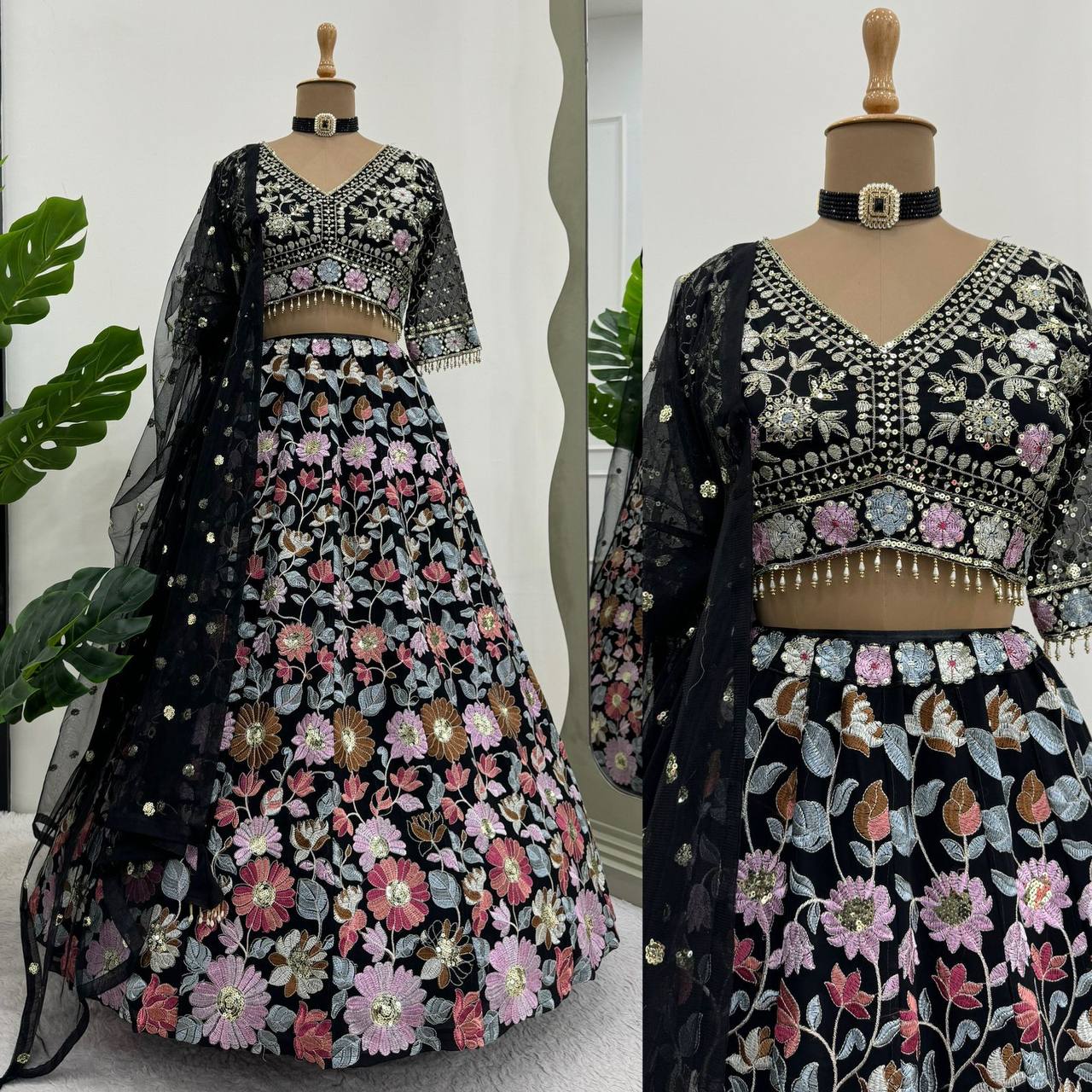 Designer Black Colour Georgette Fabric Sequence Work Lehenga Choli