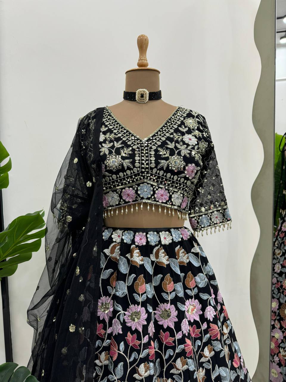 Designer Black Colour Georgette Fabric Sequence Work Lehenga Choli