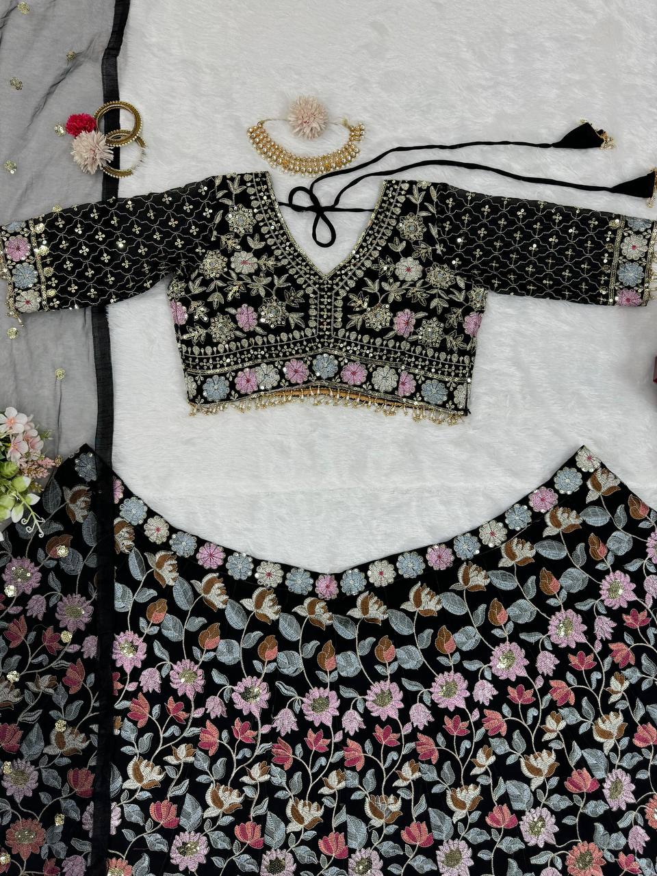 Designer Black Colour Georgette Fabric Sequence Work Lehenga Choli