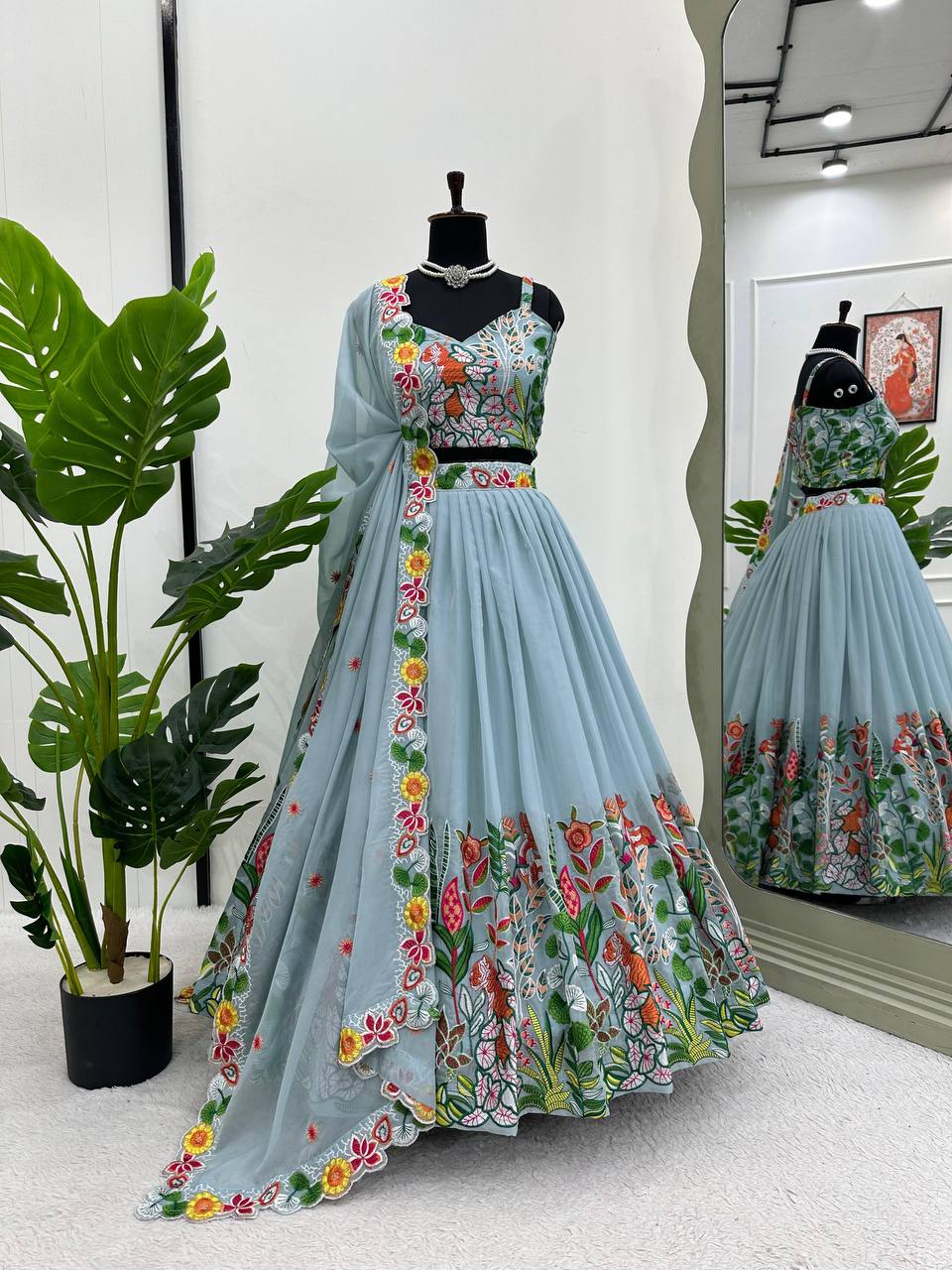 Attractive Grey Colour Tabby Organza Fabric Multi Thread Work Lehenga Choli