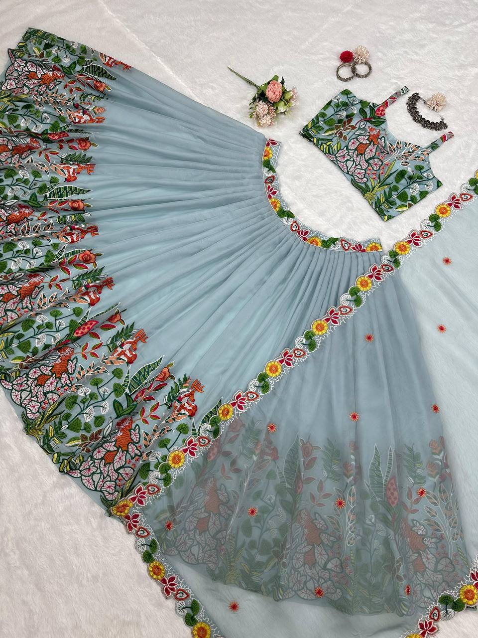 Attractive Grey Colour Tabby Organza Fabric Multi Thread Work Lehenga Choli