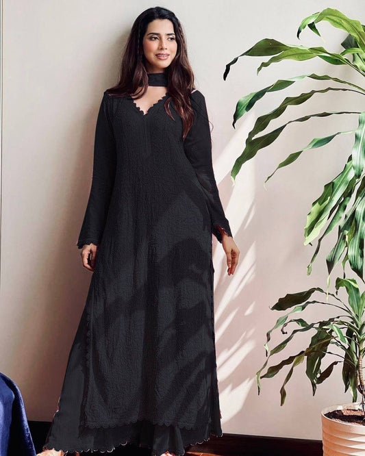 Black Cotton Thread Work Ethnic Stitched Suit Set For Girls