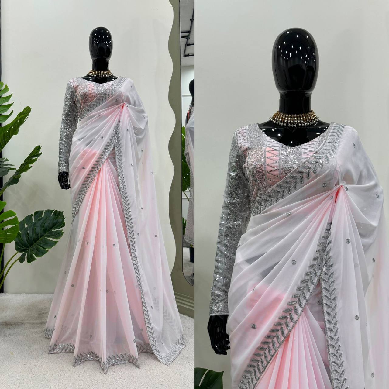 Beautiful Pink Colour Georgette Fabric Thread Work Saree