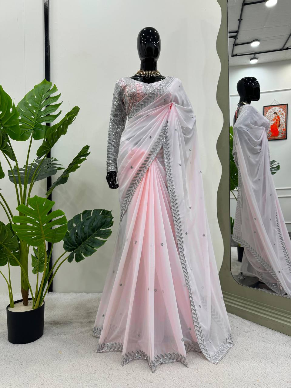 Beautiful Pink Colour Georgette Fabric Thread Work Saree