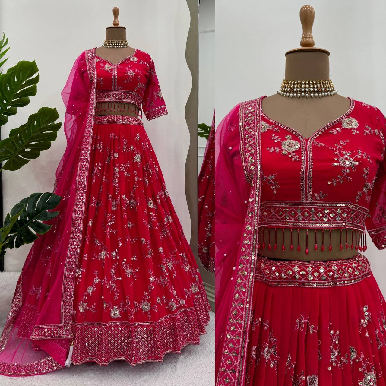 Beautiful Pink Colour Georgette Fabric Thread With Sequnce Work Lehenga Choli