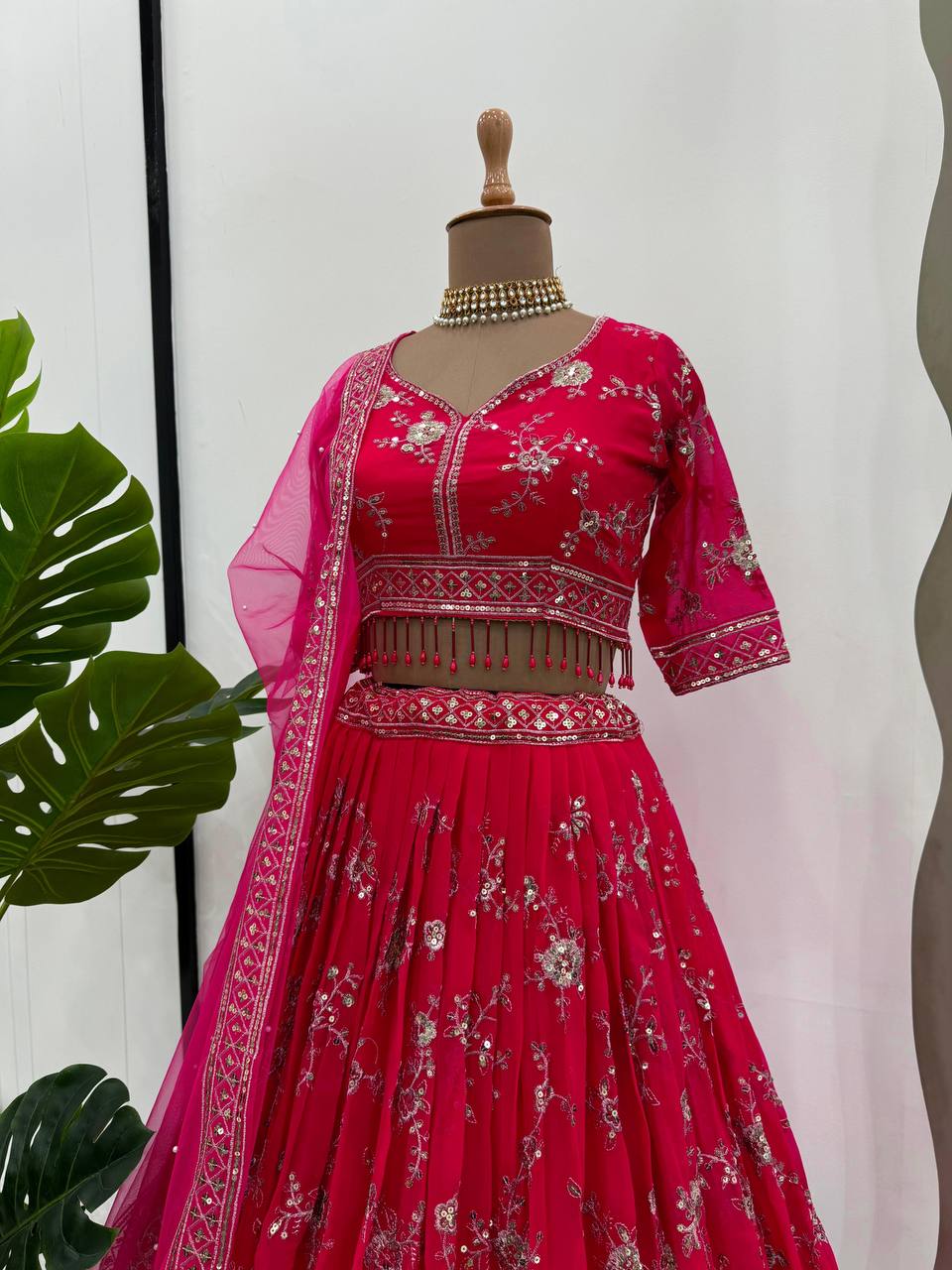 Beautiful Pink Colour Georgette Fabric Thread With Sequnce Work Lehenga Choli