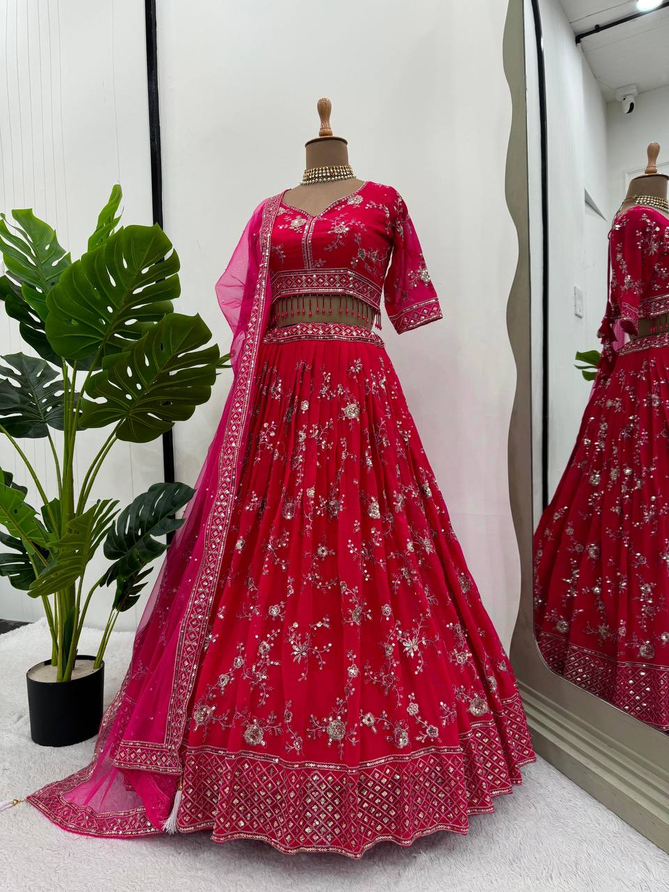 Beautiful Pink Colour Georgette Fabric Thread With Sequnce Work Lehenga Choli