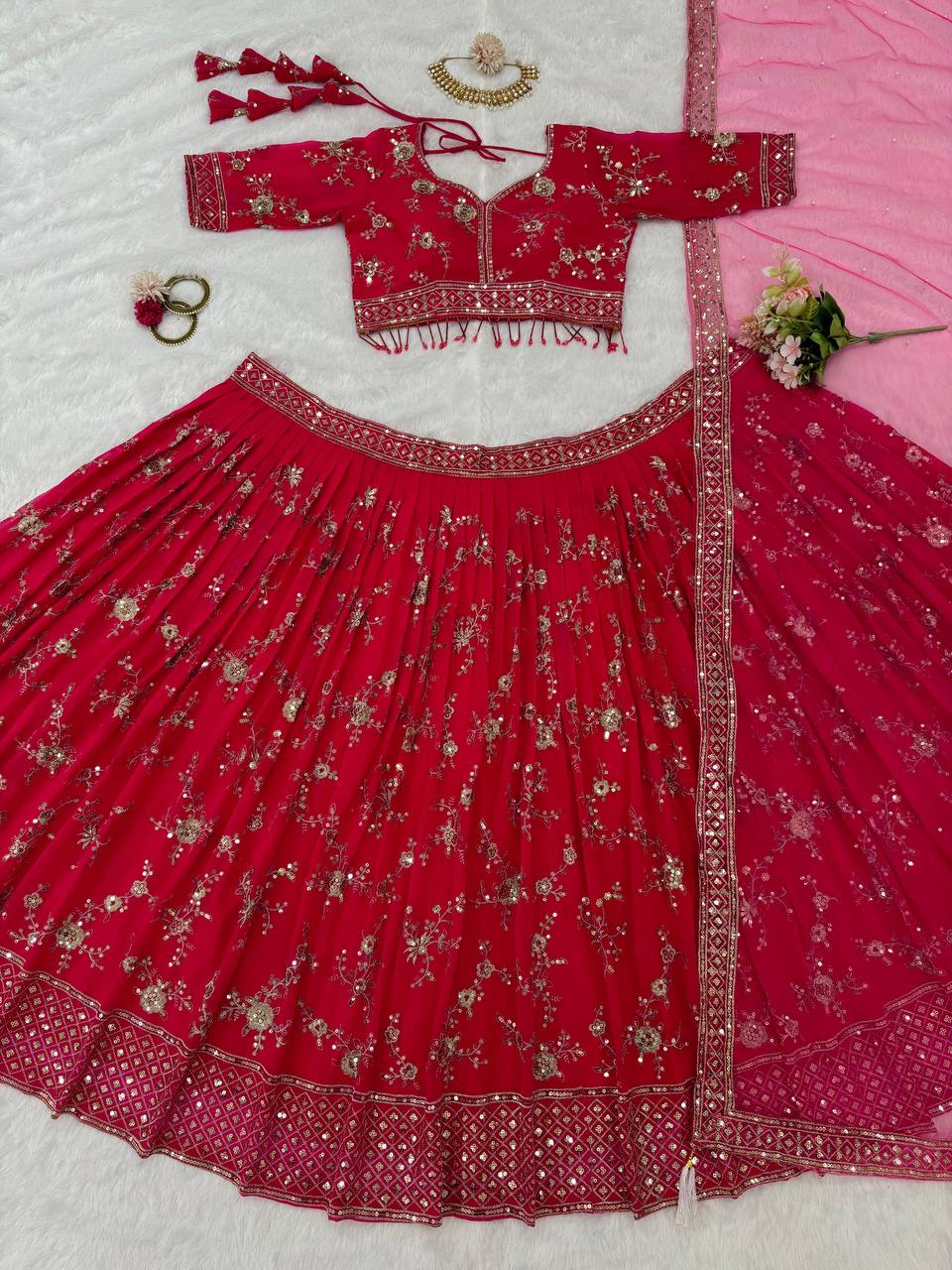 Beautiful Pink Colour Georgette Fabric Thread With Sequnce Work Lehenga Choli