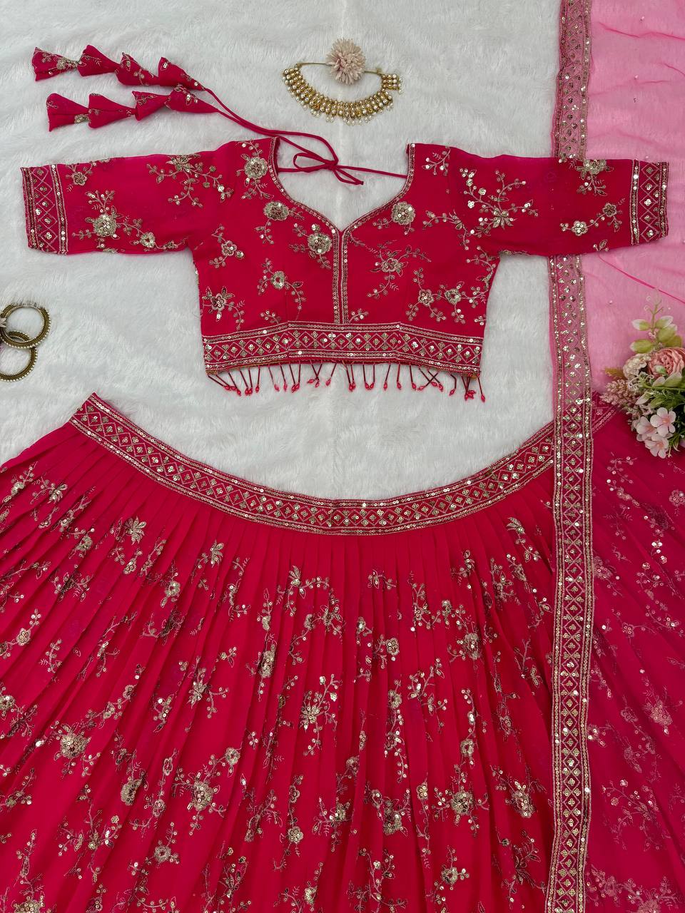 Beautiful Pink Colour Georgette Fabric Thread With Sequnce Work Lehenga Choli