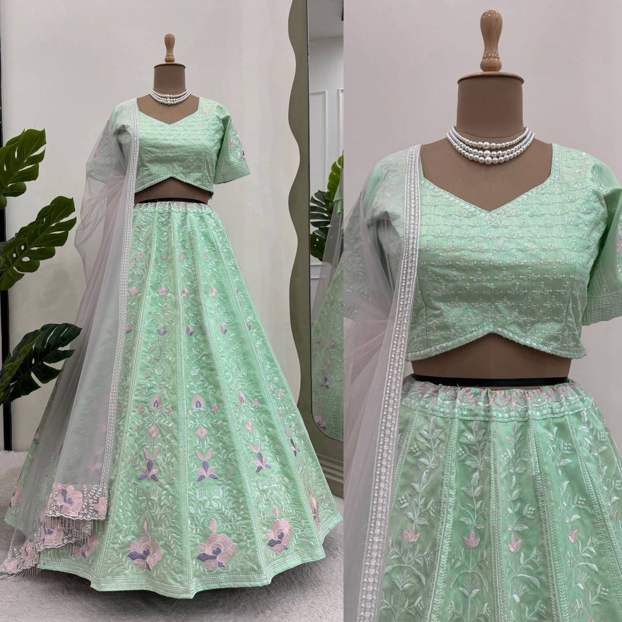 Designer Green Colour Mono Banglory Fabric Thread With Sequences Work Lehenga Choli