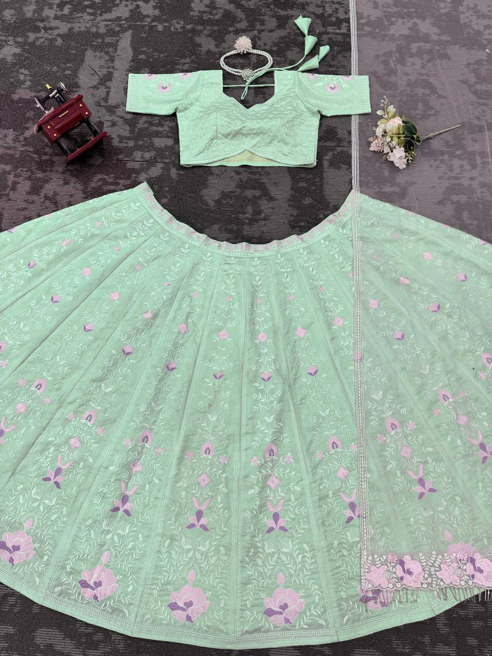 Designer Green Colour Mono Banglory Fabric Thread With Sequences Work Lehenga Choli