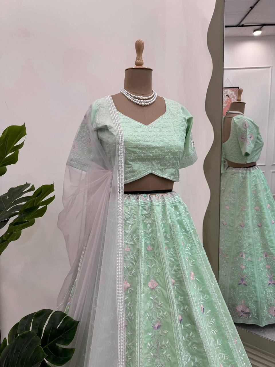 Designer Green Colour Mono Banglory Fabric Thread With Sequences Work Lehenga Choli