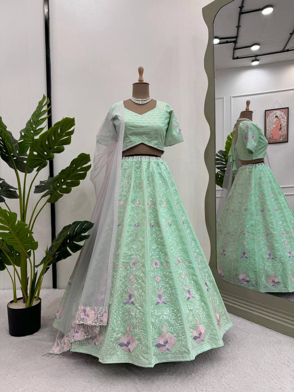 Designer Green Colour Mono Banglory Fabric Thread With Sequences Work Lehenga Choli