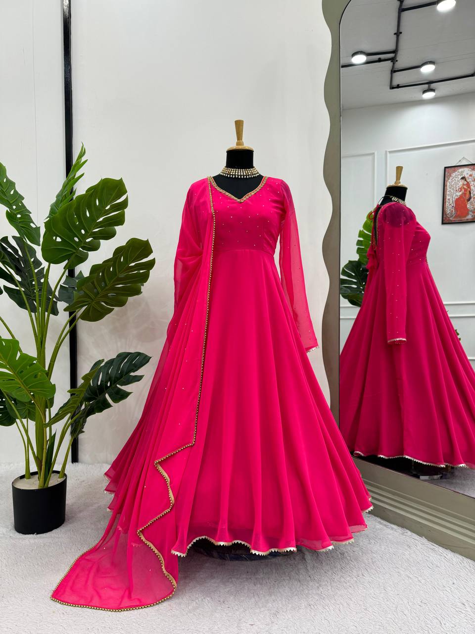 Attractive Pink Colour Georgette Fabric Thread Work Fully Stitched Anarkali Suit