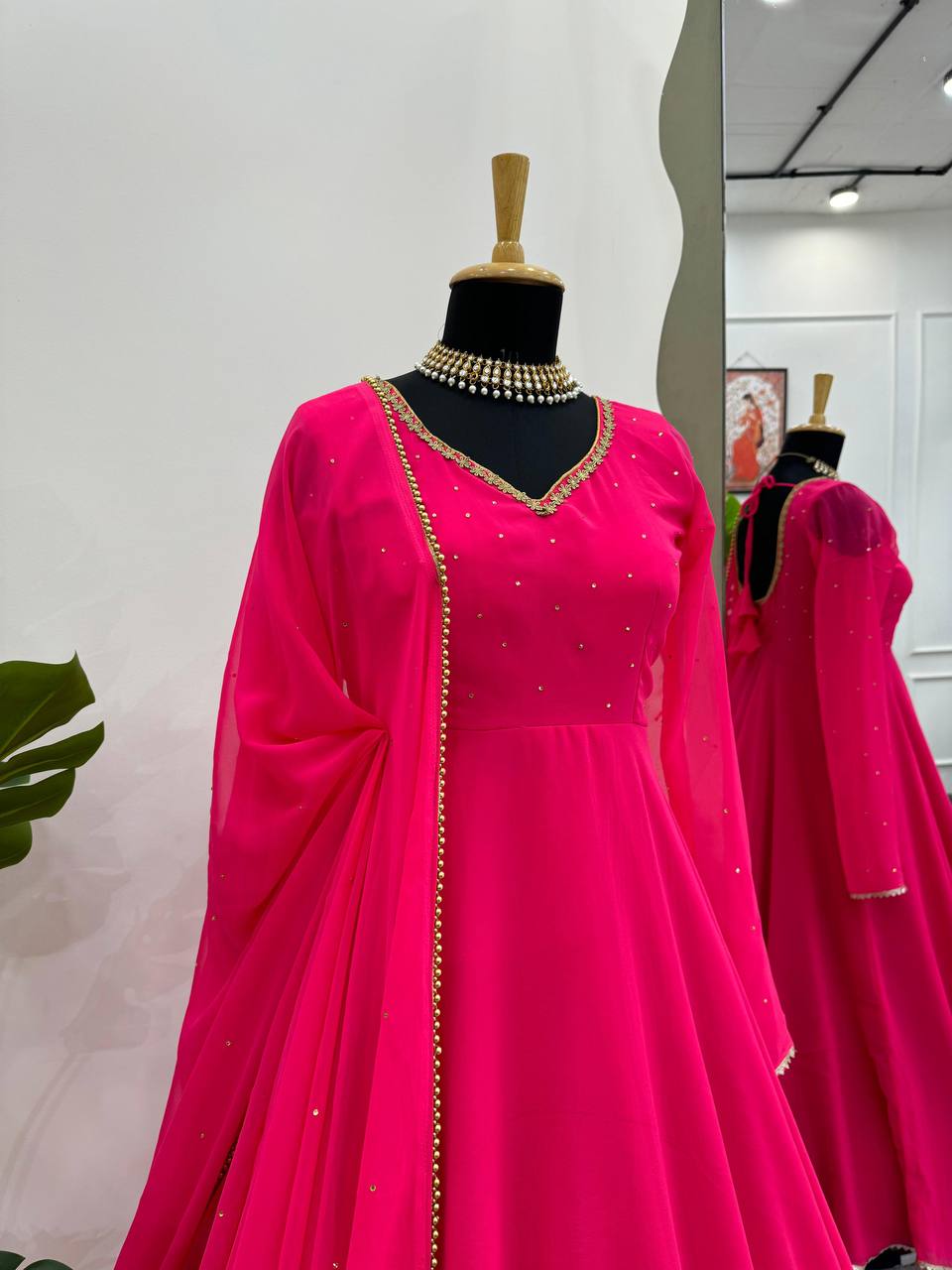 Attractive Pink Colour Georgette Fabric Thread Work Fully Stitched Anarkali Suit