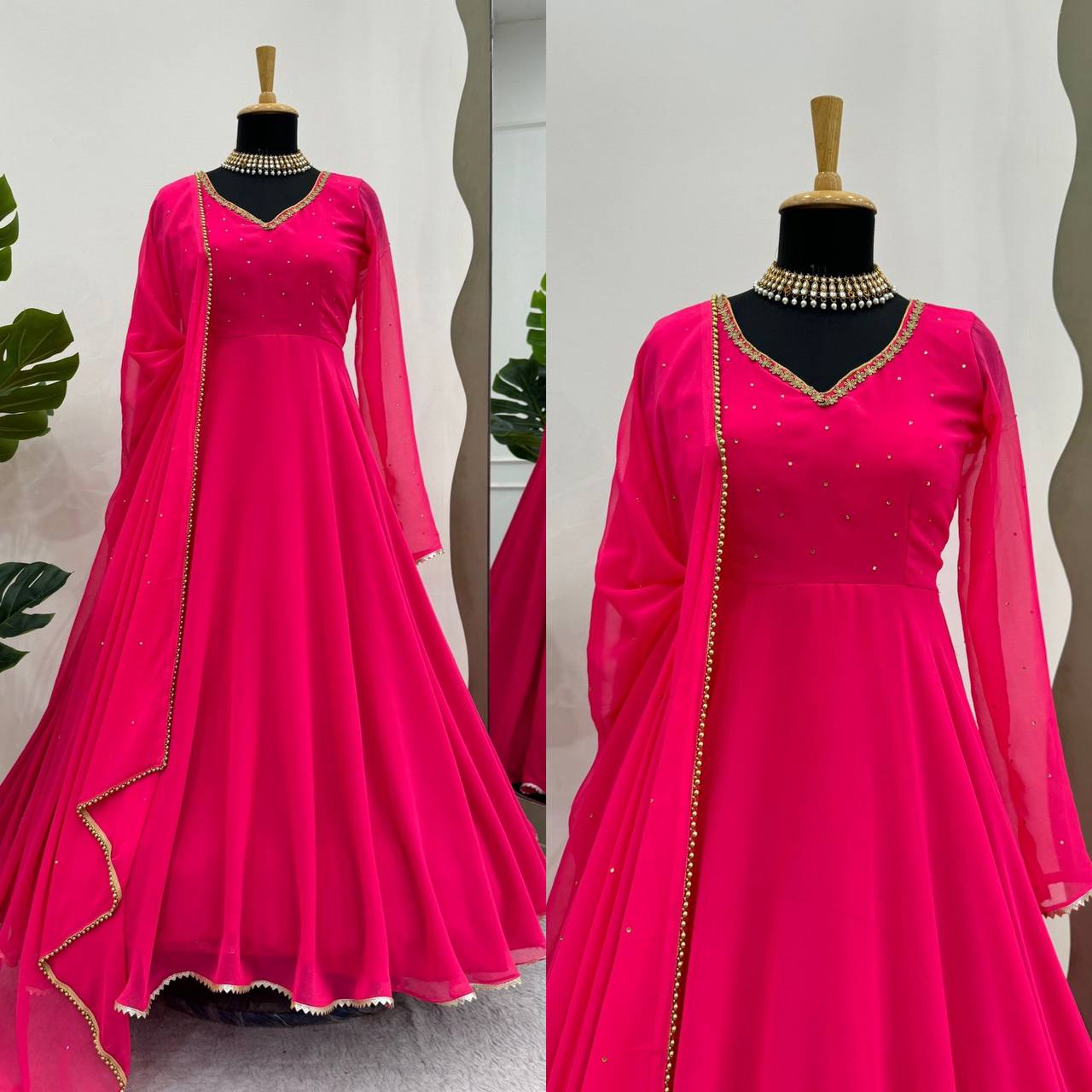 Attractive Pink Colour Georgette Fabric Thread Work Fully Stitched Anarkali Suit