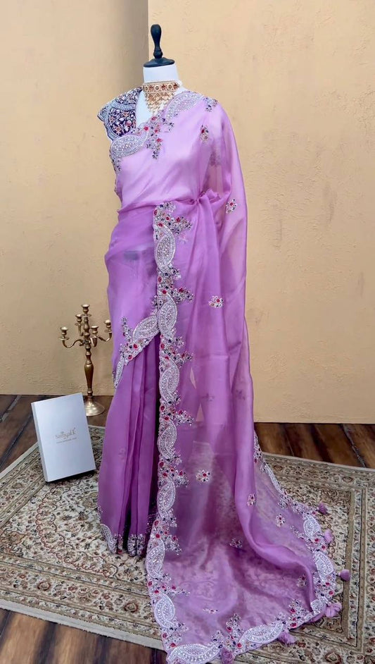 Beautiful Purple Colour Organza Silk Fabric Thread Work Saree
