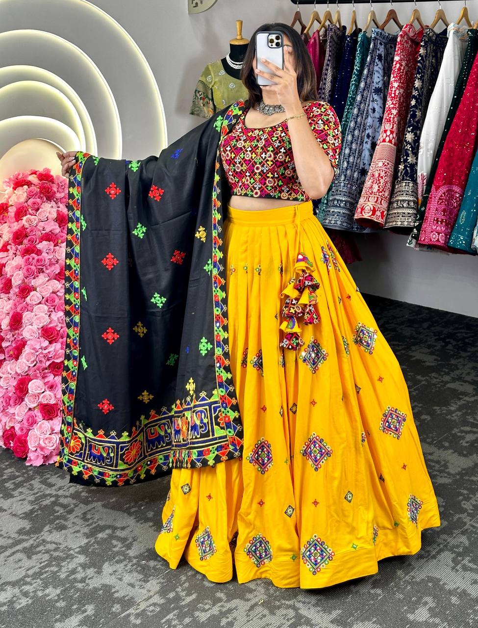 Attractive Yellow Colour Chain Stitch Real Mirror Work Lehenga Choli With Dupatta