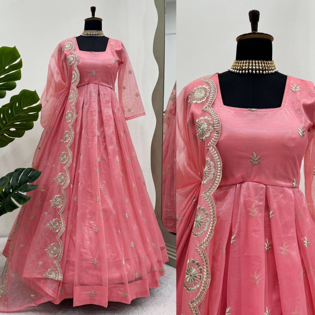 Beautiful Pink Colour Silk Organza Fabric Thread Work Fully Stitched Suit