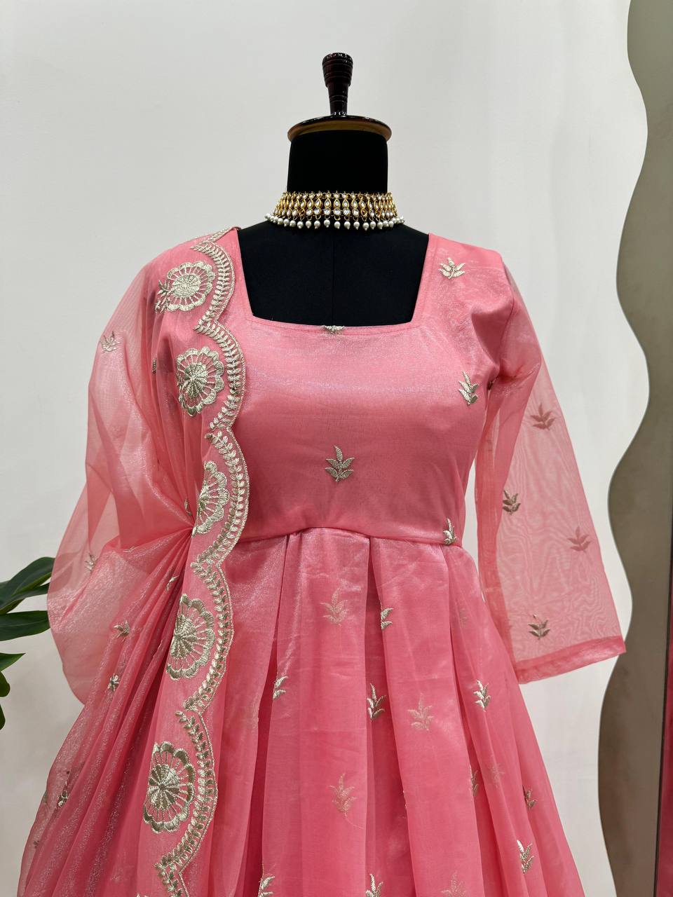 Beautiful Pink Colour Silk Organza Fabric Thread Work Fully Stitched Suit