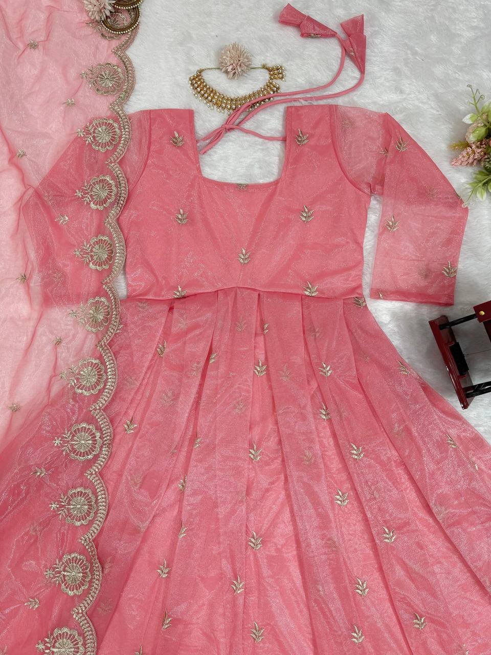 Beautiful Pink Colour Silk Organza Fabric Thread Work Fully Stitched Suit