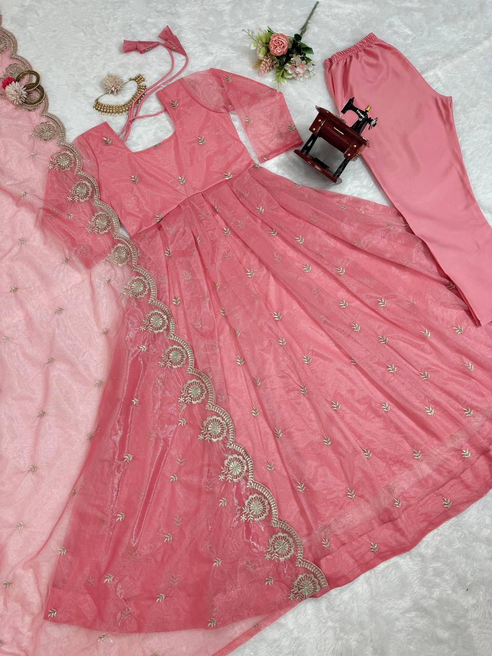 Beautiful Pink Colour Silk Organza Fabric Thread Work Fully Stitched Suit