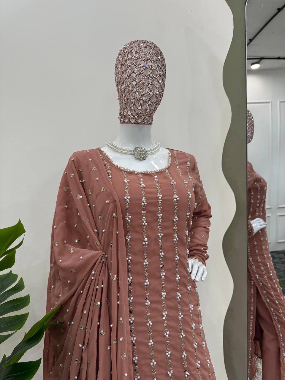 Designer Georgette Fabric Thread With Rivet Moti Work Fully Stitched Suit