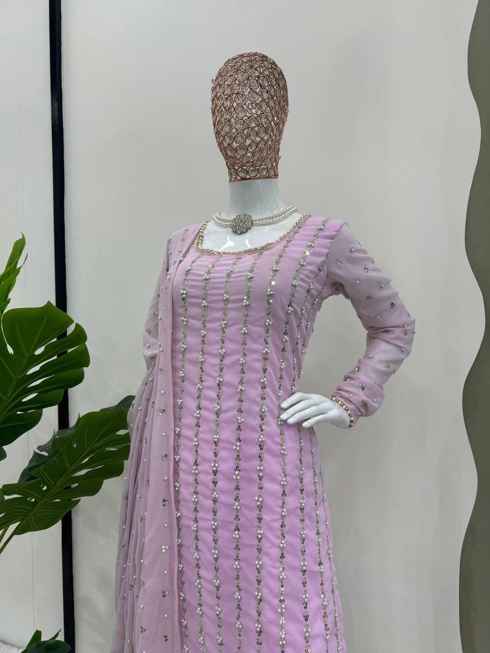 Designer Georgette Fabric Thread With Rivet Moti Work Fully Stitched Suit