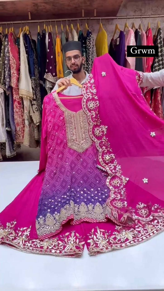 Fabulous Purplr Pink Combination Georgette Fabric Sequence Work Sharara Suit