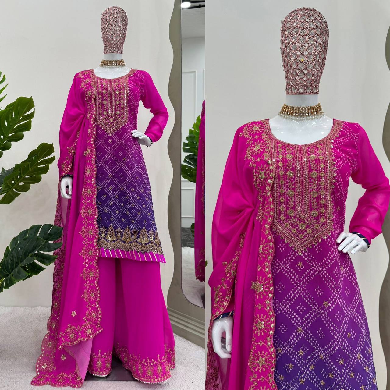 Fabulous Purplr Pink Combination Georgette Fabric Sequence Work Sharara Suit