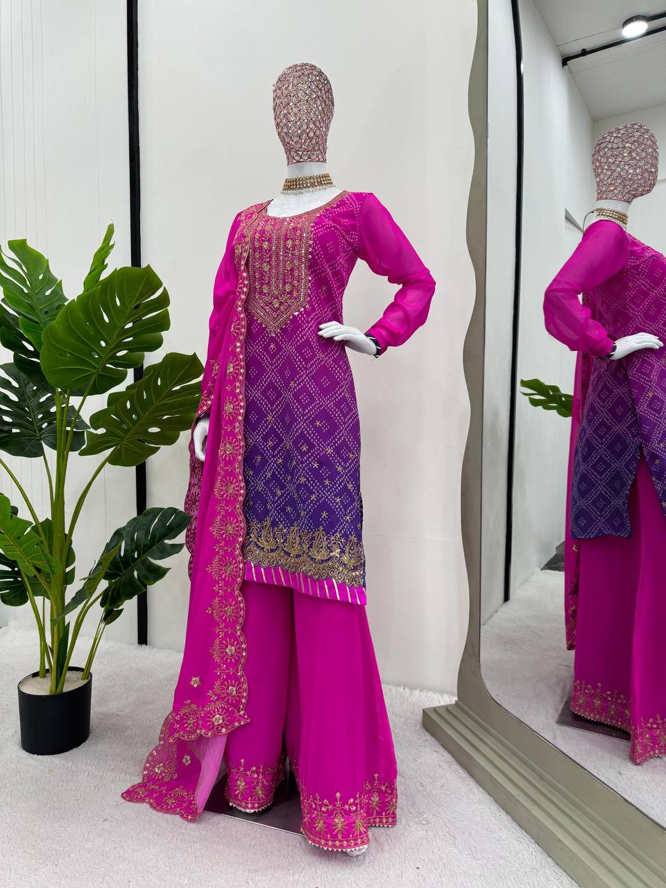 Fabulous Purplr Pink Combination Georgette Fabric Sequence Work Sharara Suit