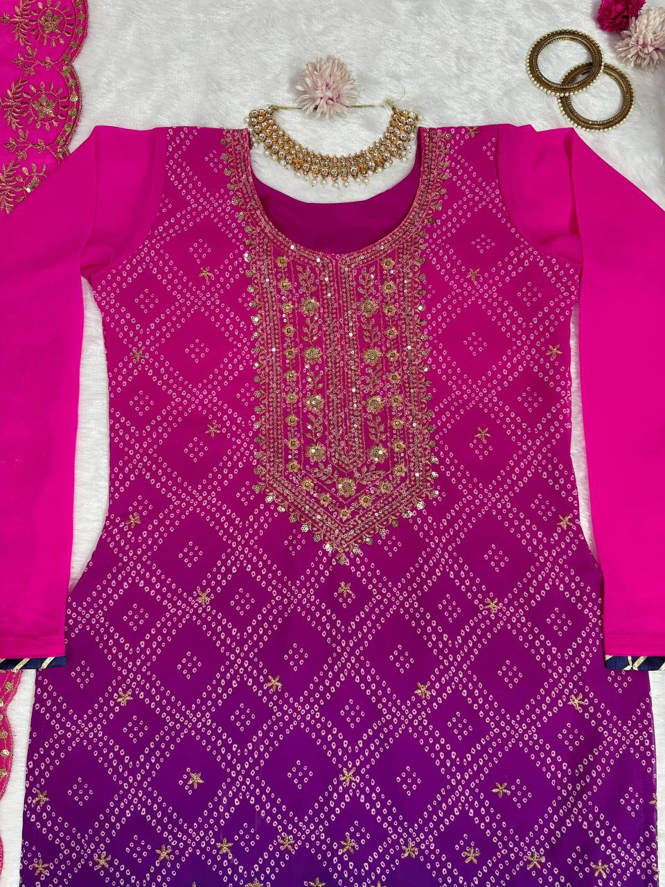 Fabulous Purplr Pink Combination Georgette Fabric Sequence Work Sharara Suit