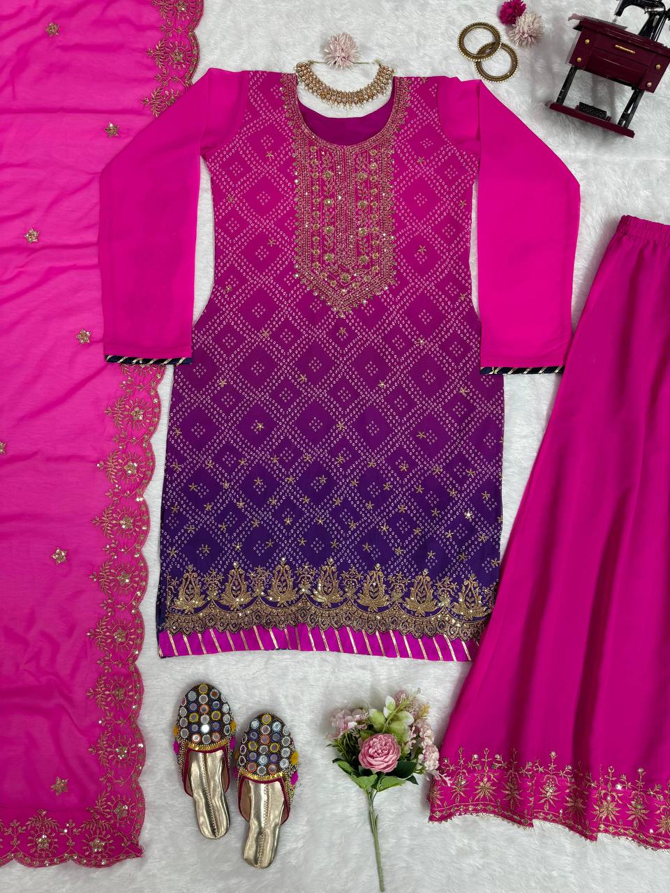 Fabulous Purplr Pink Combination Georgette Fabric Sequence Work Sharara Suit