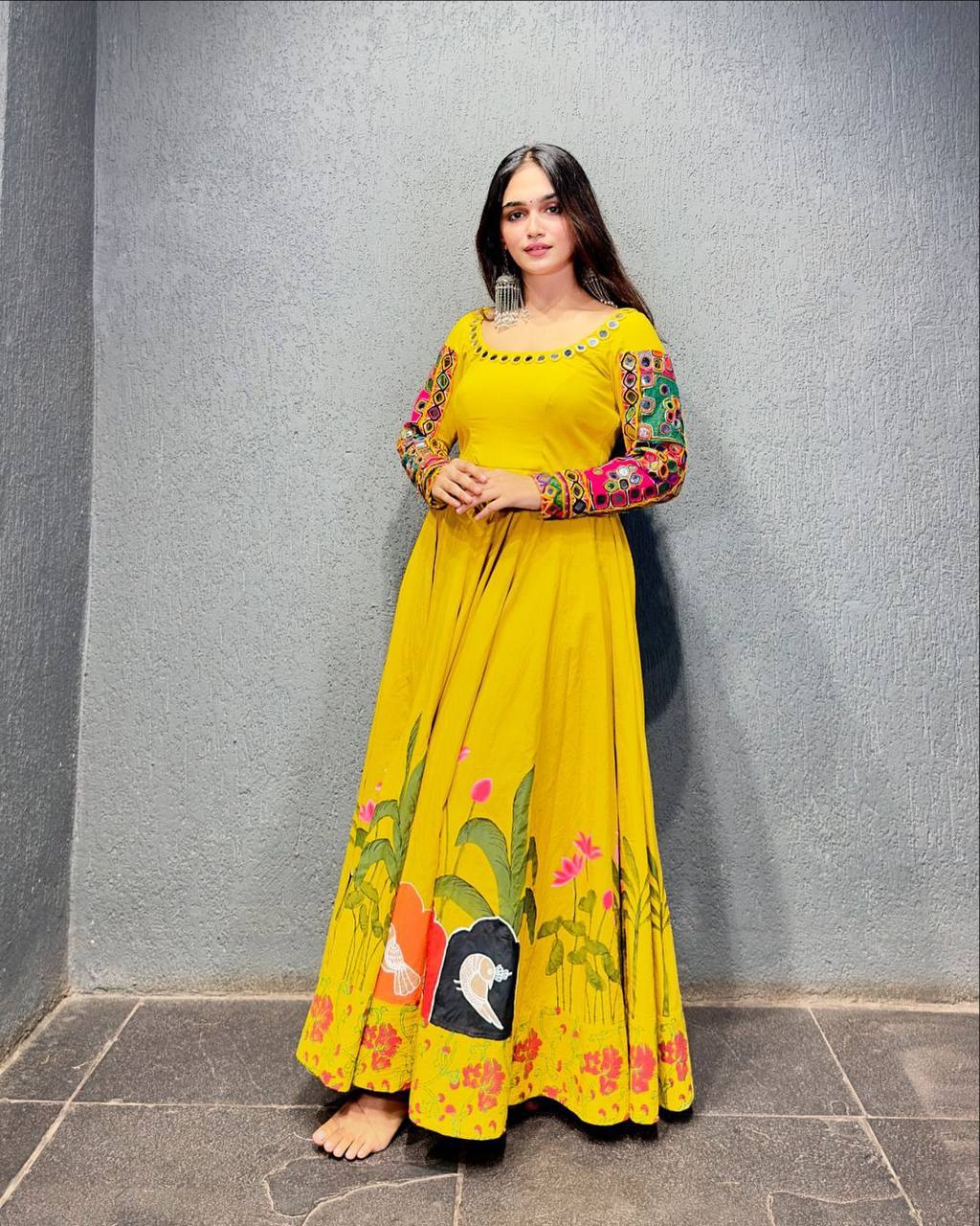 Navratri Special  Reyon Fabric Digital Print With Real Mirror Work Gown With Dupatta