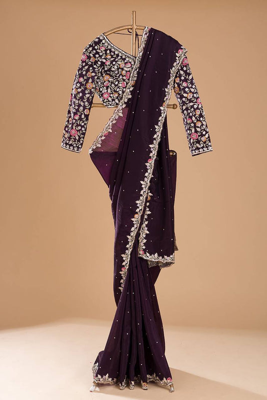 Designer Purple Colour Jimmy Chhu Fabric Embroidery Work Saree