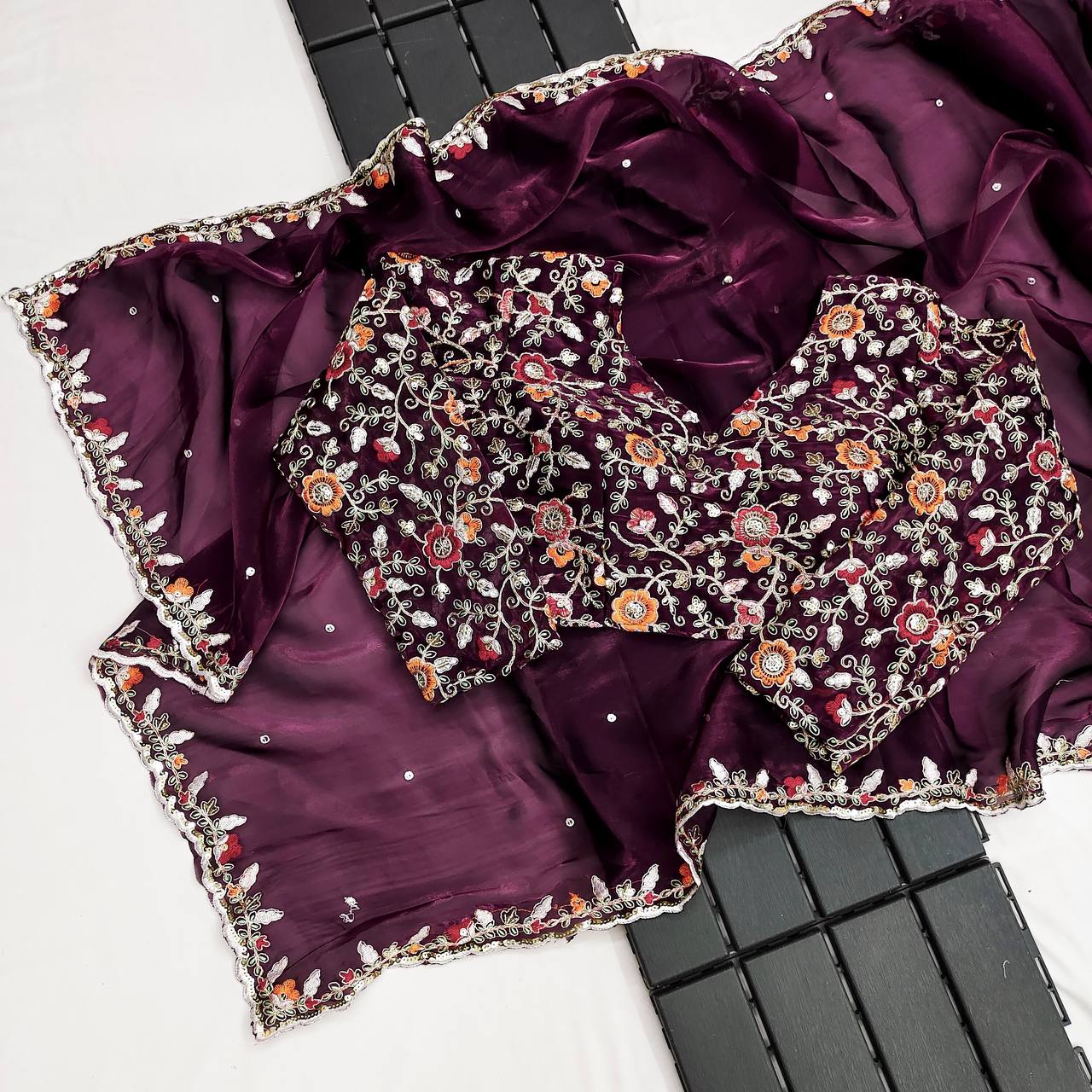 Designer Purple Colour Jimmy Chhu Fabric Embroidery Work Saree