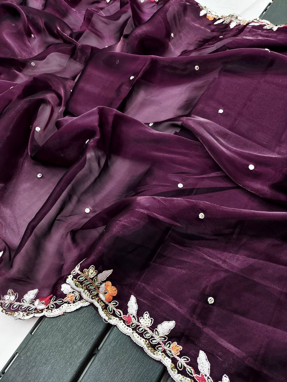 Designer Purple Colour Jimmy Chhu Fabric Embroidery Work Saree