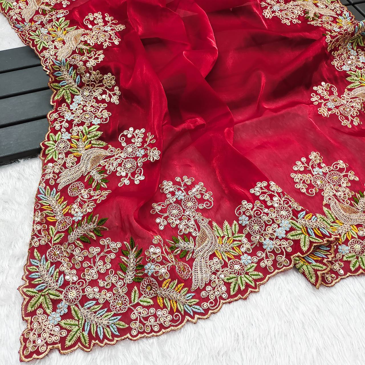 Red Jimmy Chhu Fabric Fancy Cut Work Border Saree