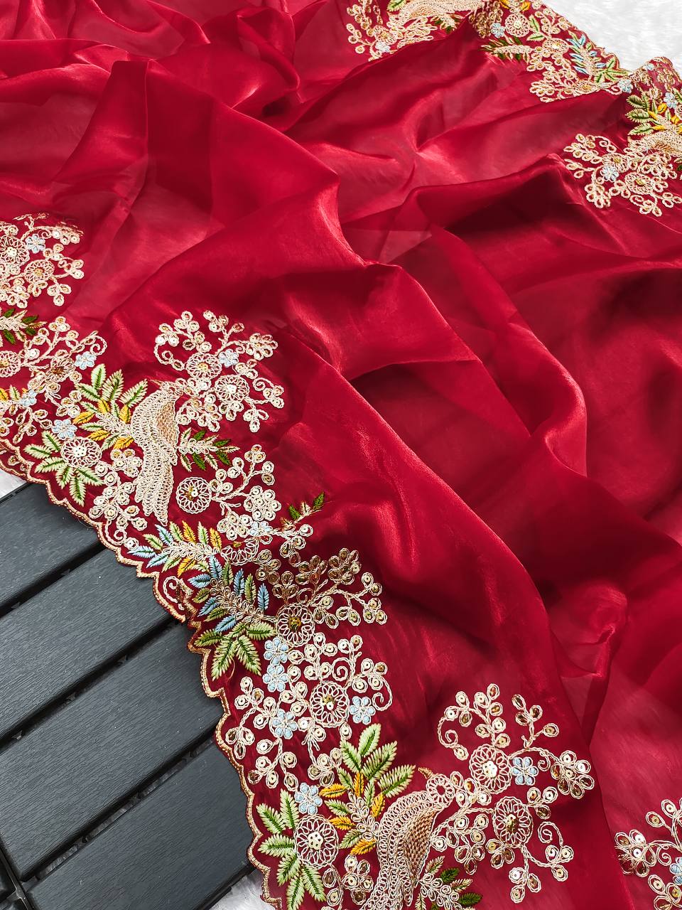 Red Jimmy Chhu Fabric Fancy Cut Work Border Saree