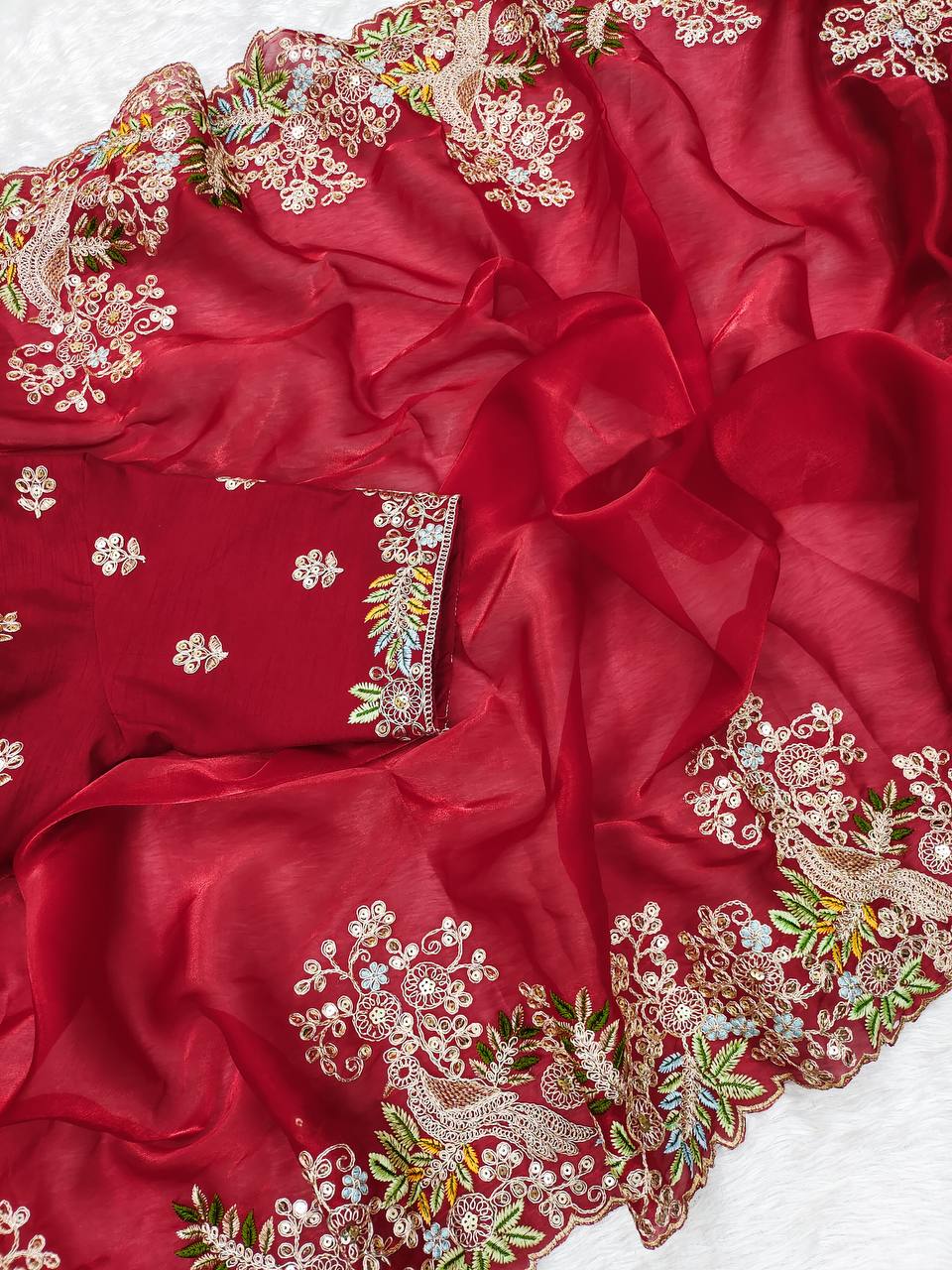 Red Jimmy Chhu Fabric Fancy Cut Work Border Saree