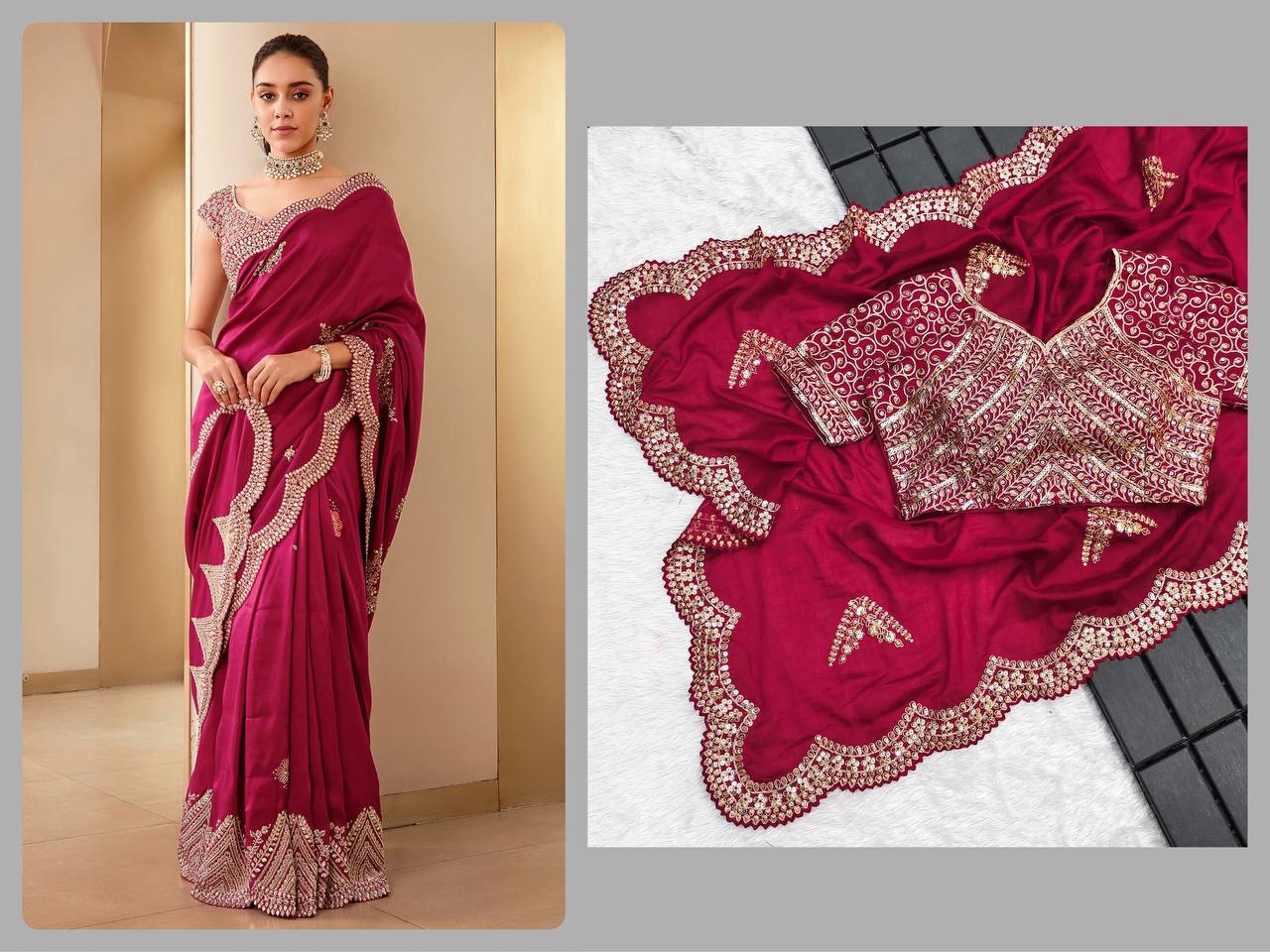 Pink Colour Vichitra Silk Fabric Embroidery Work Saree