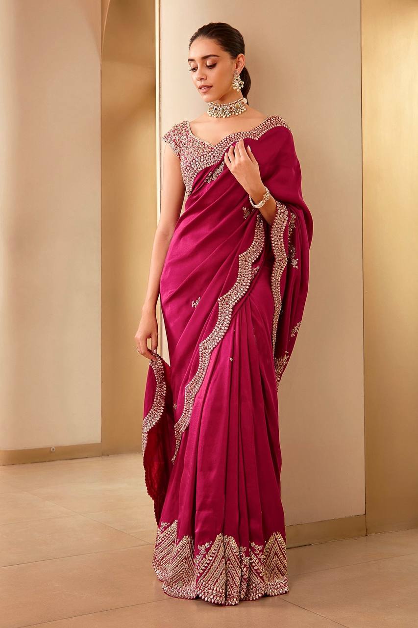 Pink Colour Vichitra Silk Fabric Embroidery Work Saree